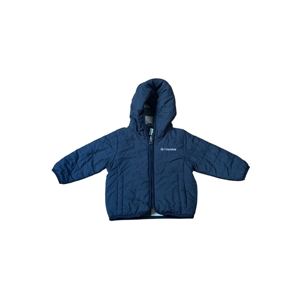 Columbia Puffer Jacket Kids Black Reversible Plaid Hooded Full Zip SIZE 6-12m